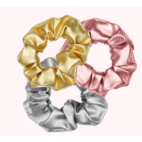 Set Of 3 Metallic Scrunchies In Gold Silver & Pink By Talking Out Of Turn - Picture 2 of 6